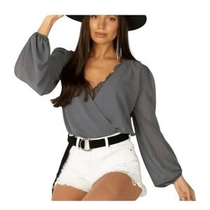 Joyfolie Mia Joy Glennon Surplus Bodysuit Slate Gray Sheer Bubble Long Sleeve XS